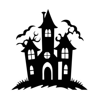 Ürkütücü Cadılar Bayramı Perili Ev Silueti Dumanlı Efektlerle çevrili Mevsimsel Dekorasyonlar İçin Çimenli Peyzaj