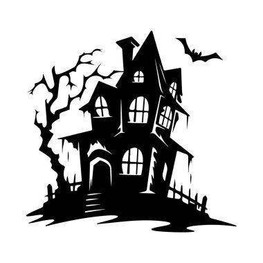 Cadılar Bayramı Dekorasyonu ve İllüstrasyonu İçin Ürkütücü Ağacı ve Yarasa Silueti Olan Ürkütücü Ev