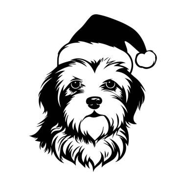 Siyah ve beyaz resimli Noel Baba Şapkası Giyen Sevimli Köpek Bayram teması ve Noel Kutlamaları İçin Mükemmel