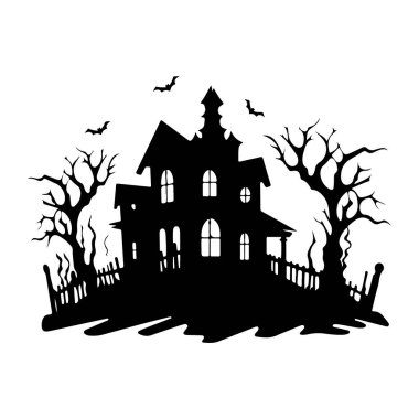 Ürkütücü Ağaçları ve Ürkütücü Cadılar Bayramı Dekoru ve Temaları İçin Yarasaları Olan Lanetli Ev Silueti