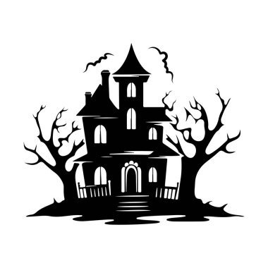 Gnarled Trees ve Yarasalarla çevrili Ürkütücü Hayaletli Ev Silueti Cadılar Bayramı teması ve dekorasyonları için mükemmel