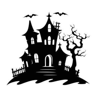 Cadılar Bayramı teması ve dekorasyonu için Yarasalar ve Yapraksız Ağaç Tepesinde Hayaletli Ev Silueti