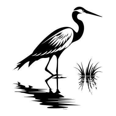 Zarif balıkçıl silueti Siyah ve Beyaz Sanat İllüstrasyonunda Yansımalar ve Sazlıklarla Zarifçe Duruyor