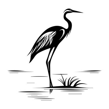 Zarif siyah-beyaz balıkçıl sakin sularda duruyor. Uzun otlar minimalist vektör sanat tarzında.