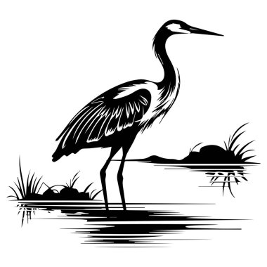 Sakin bir su yüzeyinin yanında duran zarif balıkçıl otlar minimalist siyah ve beyaz bir tarzda yemyeşil.