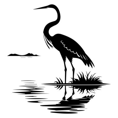 Huzurlu sularda duran bir balıkçıl gölgesinin zarif silüeti. Yansımaları ve siyah-beyaz tasarımı olan minimalist bir manzara.