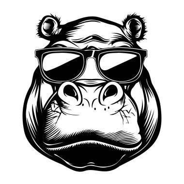 Klasik Siyah ve Beyaz Biçimli Güneş Gözlüğü Giyen Hippo, Havalı ve Eğlenceli Çizimler ve Tasarımlar İçin Mükemmel