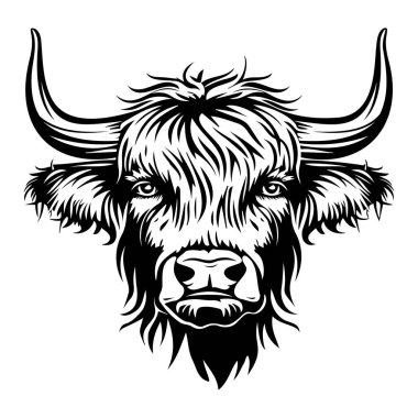İkonik Kürklü ve Ayırt edici Boynuzları olan Dağlık Sığır Başlığının Ayrıntılı Temsili