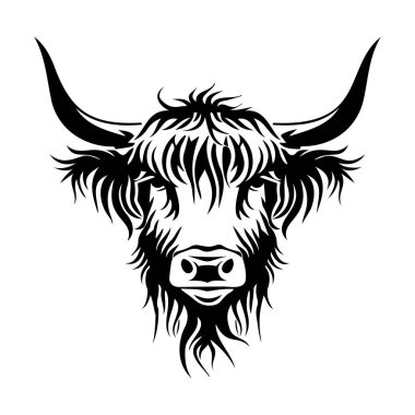 Kırsal Çiftlik Dekorasyonu ve Grafik Tasarım Projeleri için Uzun Saçlı ve Eğri Boynuzlu Siyah ve Beyaz İskoç İnek Resimleri