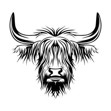 Siyah ve Beyaz Tasarımlı Uzun Saçlı ve Tanınmış Boynuzlu Highland İnek Başı 'nın Detaylı Sanatsal Resimleri