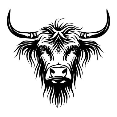 İskoçya İneği 'nin Uzun Boynuzları ve Sanatsal ve Doğa Projeleri İçin Kalın Kürkü ile Karmaşık Siyah ve Beyaz İllüstrasyonu