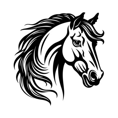 Akan yeleli bir at kafasının zarif siyah ve beyaz çizimi at şeklinde güzellik ve güç sergiliyor.