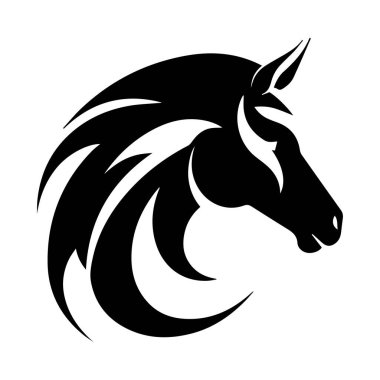 Süslü yelesi ve minimalist siyah ve beyaz tasarımı olan zarif bir at kafası silueti.