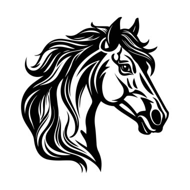 Sanat ve tasarım projeleri için zarif siyah beyaz at baş illüstrasyonları, dalgalı yeleler ve anlamlı özellikler sergiliyor.