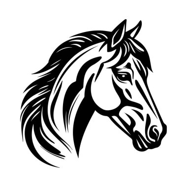 Sanatsal ve Yaratıcı Amaçlar İçin Ayrıntılı Boşluğa sahip Zarif Siyah ve Beyaz At Başı Silueti