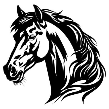 Akan Yelesi ve Ayrıntılı Özellikleri olan Görkemli Bir At Başının Zarif Siyah ve Beyaz Silüeti