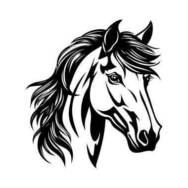 Sanatsal ve Dekoratif Amaçlar İçin Uçan Yeleli Siyah ve Beyaz At Başı İllüstrasyonu