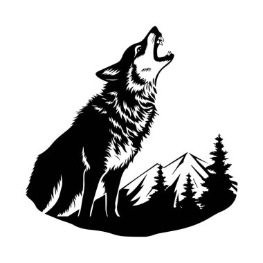 Görkemli Uluyan Kurt Silueti Dağ manzarasının ortasında ve Çam Ağacı Doğa ve Vahşi Yaşam Tasarımı