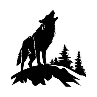 Görkemli Kurt Ay 'da uluyor. Etrafı uzun çam ağaçlarıyla çevrili.