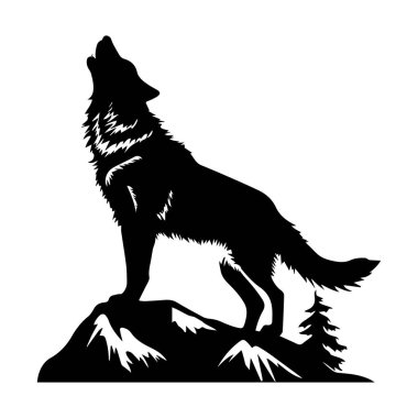 Görkemli Kurt Ay 'da Uluyan Çam ağaçlarıyla çevrili Doğayı Sevenler için Kalın ve Sanatsal Silüet Tasarımı