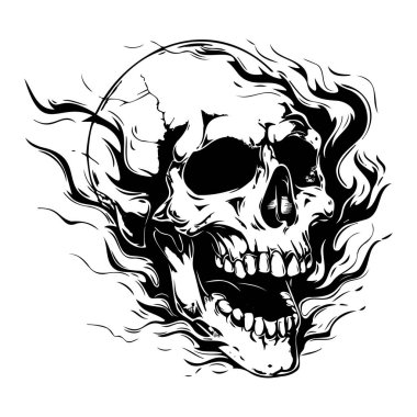 Cadılar Bayramı ve Korku Teması İçin Siyah ve Beyaz Konulu Dramatik Dönen Alevlerle Kurukafa Sanatı