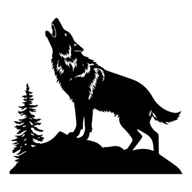 Parlak Ay 'a Karşı Uluyan Kurt' un Silueti Arka planda Çam Ağaçlarıyla Görkemli Vahşi Yaşam Sahnesinde