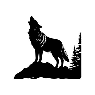 Vahşi Yaşam ve Doğa Teması İçin Uluyan Kurt Silueti Ormana Karşı