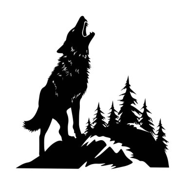 Görkemli Kurt Ay 'da uluyor Etrafı çam ağaçlarıyla çevrili vahşi bir arazide