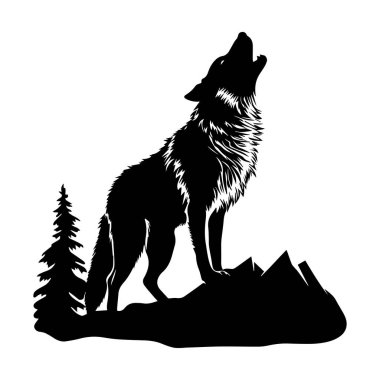 Yıldızlı Gök Altında Gece Uluyan Görkemli Kurt Çam Ağaçları ve Beyaz Sanatlar Tarzı Dağ Silüeti