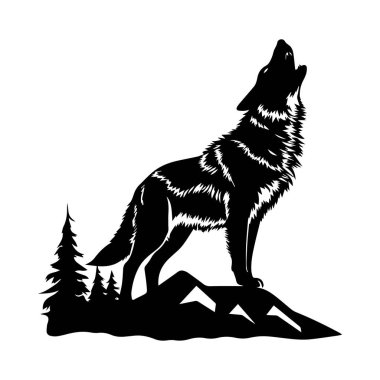 Uluyan Kurt Silueti Çam Ağaçlarına ve Dağlara Karşı Açık ve Doğa Teması İçin Siyah ve Beyaz Tasarım