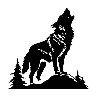 Uluyan Kurt Silueti Ağaçlara ve Dağlara Karşı Siyah ve Beyaz Doğa ve Vahşi Yaşam Teması