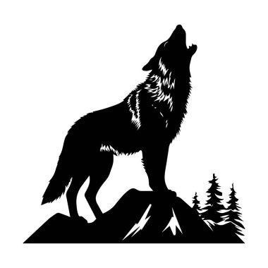 Arka planda Çam Ağaçları olan Rocky Manzarasına Karşı Görkemli Kurt Uluyan Siluet