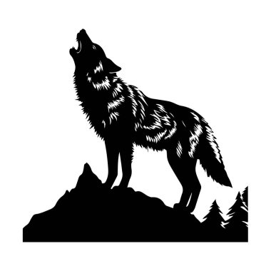 Çam ağaçlarıyla çevrili Rocky Dağı 'nın tepesinde uluyan Görkemli Kurt Uluyan Siyah ve Beyaz Siluet Tasarımı