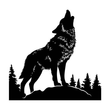 Vahşi Yaşam Tutkunları ve Doğa Aşıkları İçin Siyah ve Beyaz Sanatta Çam Ağaçlarına Karşı Kurt Uluyan Siluet