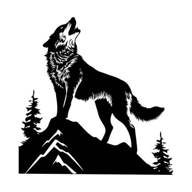 Görkemli kurt ayı uluyan bir dağın tepesinde, siyah ve beyaz renkli çarpıcı bir siluet dizaynla çevrili yeşil ağaçlarla çevrili.