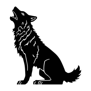 Uluyan bir kurdun siyah silueti. Karmaşık kürklü ve hafif arka planda güçlü bir duruşu var.