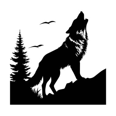 Şafakta Uluyan Kurt Silueti Arka planda Çam Ağaçları ve Kuşlarla Doğal Vahşi Yaşam Sahnesi