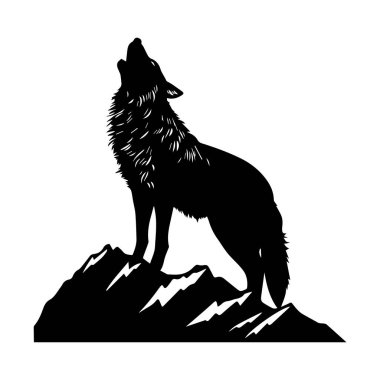 Beyaz bir arka planda desenli kürkü olan bir dağın tepesinde uluyan bir kurdun siyah silueti.