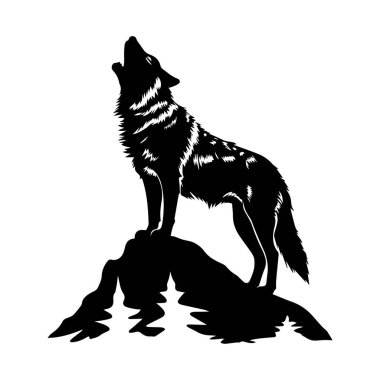 Kayalık bir çıkıntının tepesindeki uluyan bir kurdun heybetli silueti büyüleyici bir tek renkli tasarımın sert bir arka planına karşı.