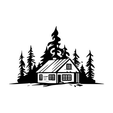 Siluet Biçimli Uzun Ağaçlar ve Doğal Çevreleri olan Ormandaki Kulübe Rustik Temalar ve Açık Hava Sanatları İçin idealdir