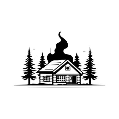 Uzun çam ağaçlarıyla çevrili rahat ahşap kulübe bacadan yükselen dumanla huzurlu doğa manzarası