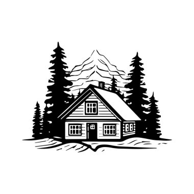 Huzurlu bir kış manzarasında arka planda görkemli dağları olan yüksek yeşil ağaçların arasına kurulmuş rahat ahşap kulübe.