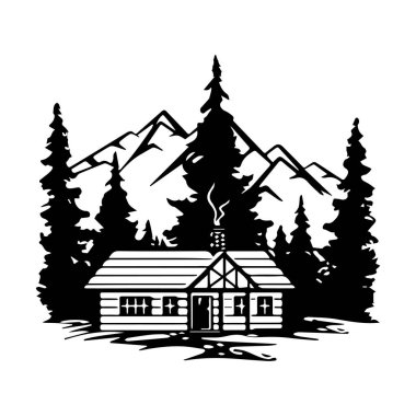 Arka planda görkemli dağlarla çevrili ormandaki rahat ahşap kulübe yüksek çam ağaçları ve manzarayla çevrili.