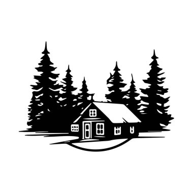 Büyüleyici Siyah ve Beyaz Kulübe Etrafı Uzun Çam Ağaçlarıyla çevrili Orman Manzarası