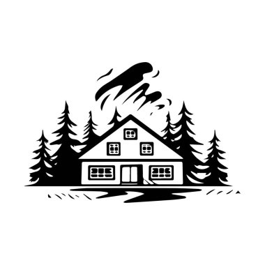 Uzun ağaçlarla çevrili rahat bir kulübenin siyah silueti ve minimalist tasarım içinde akan bulutlarla dolu soyut bir gökyüzü.