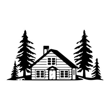 Huzur ve doğal güzelliği çağrıştıran sakin bir orman ortamında uzun ağaçlarla çevrili kır kulübesi.