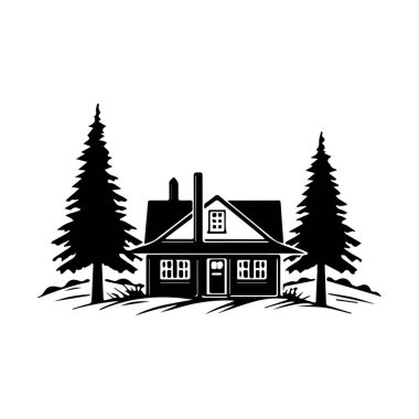 Huzurlu bir kış manzarasında uzun çam ağaçlarıyla çevrili rahat bir kulübe kırsal mimari ve sakin bir ortam sergiliyor.