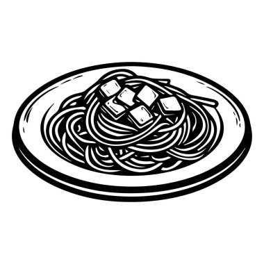 Üstünde tofu küpleri olan lezzetli bir tabak spagetti. Vejetaryenler ve yemek tutkunları için mükemmel bir yemek.