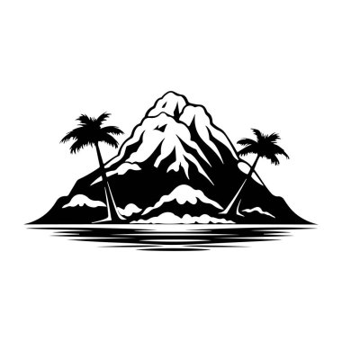 Cennet ve macerayı temsil eden sakin bir okyanus zemininde palmiye ağaçları olan bir dağın siyah ve beyaz silueti.