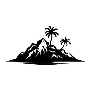 Palmiye ağaçları ve minimalist tarzda su yüzeyinde yansıması olan bir dağın siyah ve beyaz tasviri